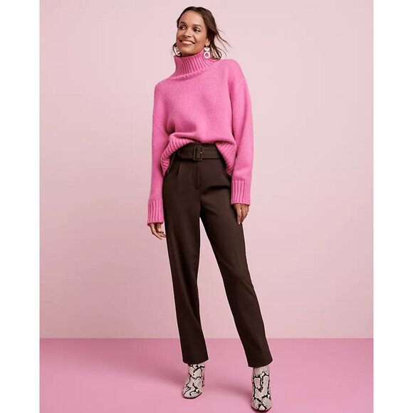 ANN TAYLOR Mock Neck Pullover Sweater S Bright Pink Ribbed Knit Relaxed Fit - Picture 2 of 9